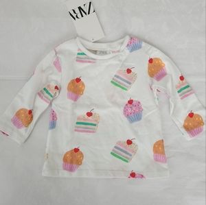 ✨️💕NWT ZARA baby girl long sleeve tee shirt 3-6 months cupcake white